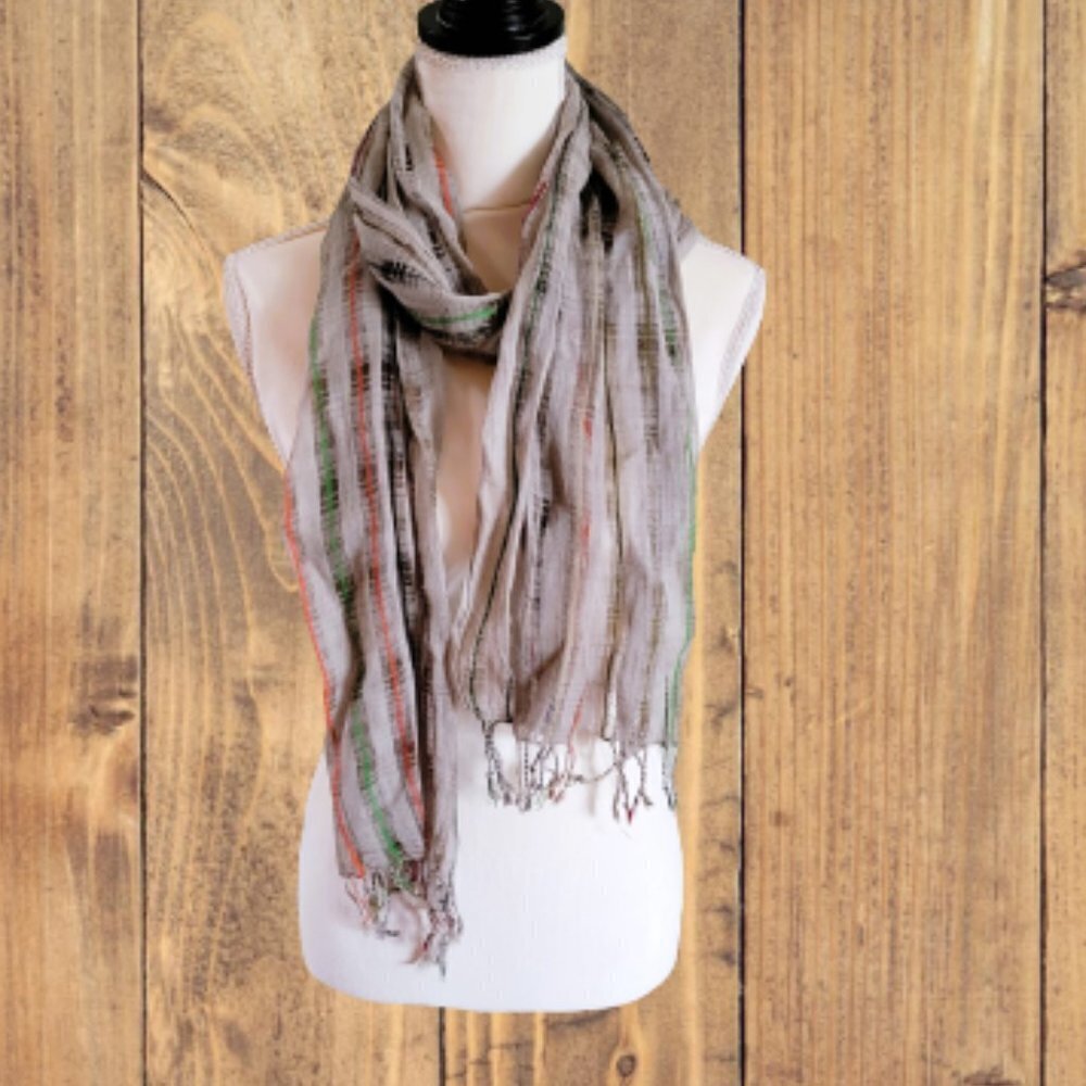 Pretty Scarf in Gray with Multiple Colors and Fringe Edges